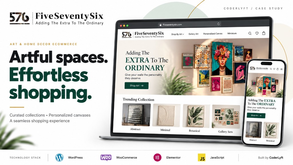 FiveSeventySix art and home decor ecommerce on desktop and mobile built by CoderLyft