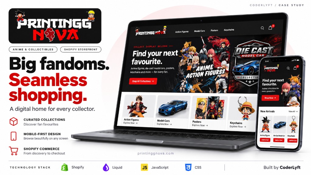 Printingg Nova Shopify anime and collectibles storefront on desktop and mobile built by CoderLyft for printinggnova.com