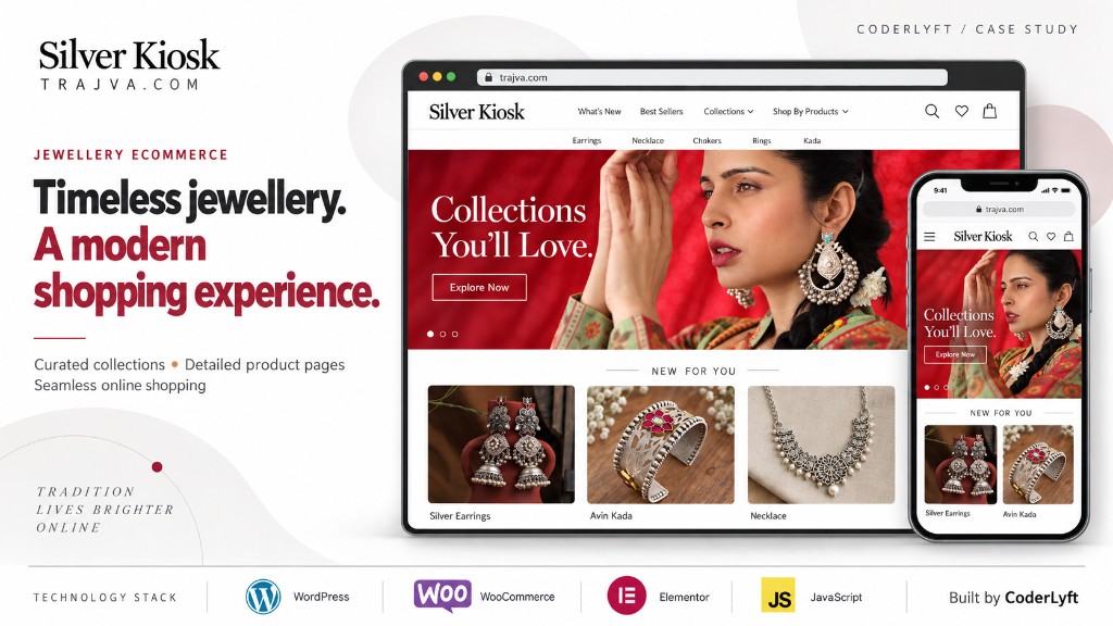 Silver Kiosk jewellery ecommerce on desktop and mobile built by CoderLyft for trajva.com