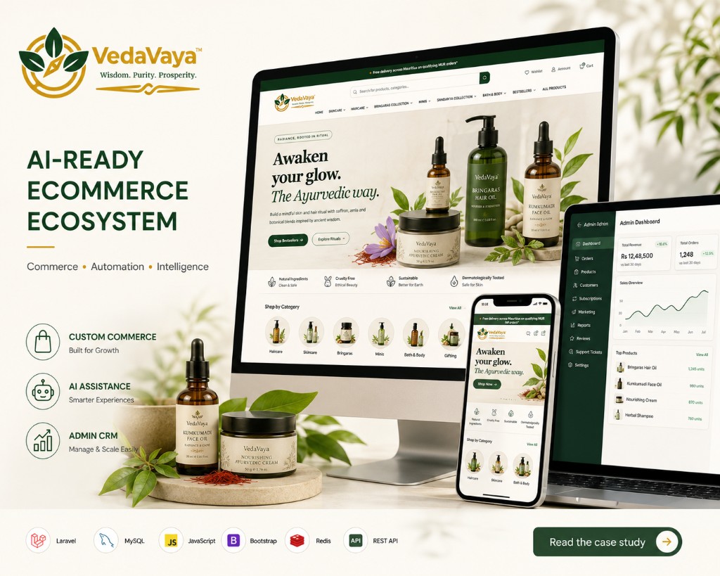VedaVaya AI-ready ecommerce ecosystem on desktop, mobile and admin dashboard